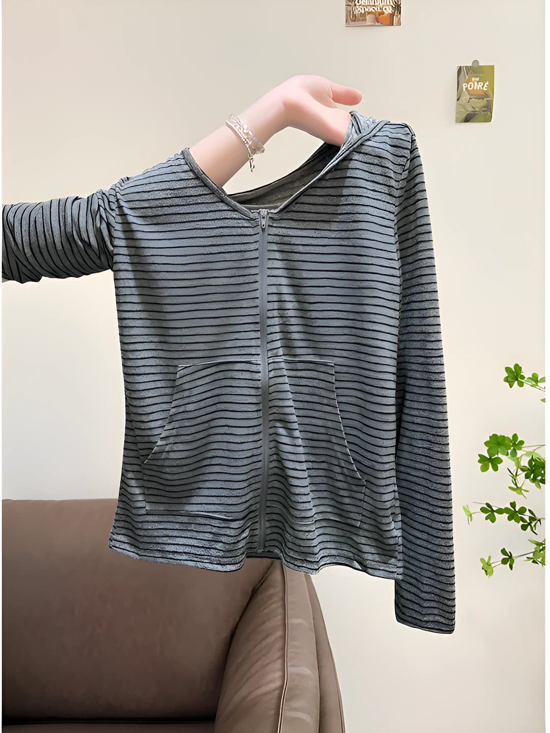 Women's retro striped zip-up hoodie, long sleeve, loose fit, autumn 2026