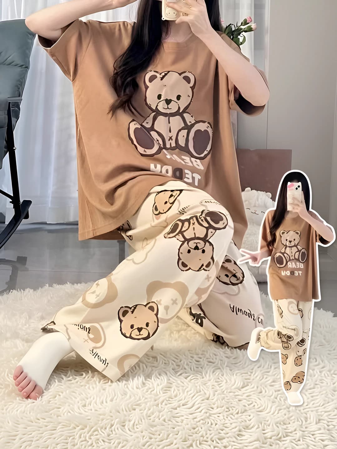 Ayollar uchun yozgi pijama to'plami: yupqa, dumaloq yoqa, kalta yeng, uzun shim, havo o'tkazuvchan, kundalik uslub