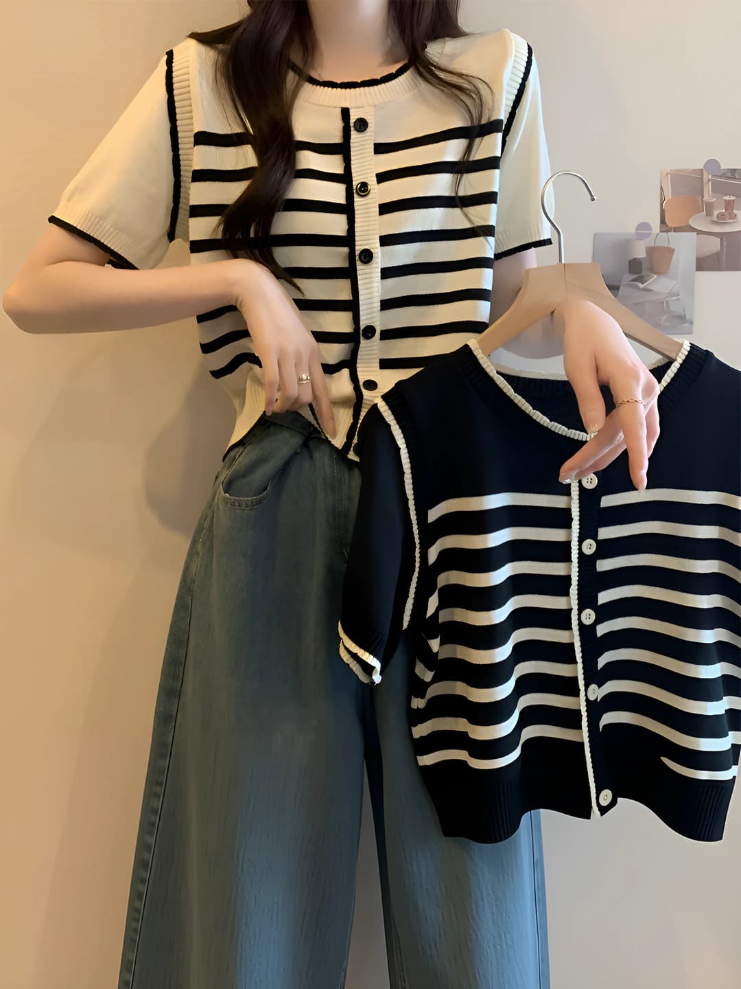 Women's short sleeve knit top, crew neck, slim fit, Korean style, summer 2026