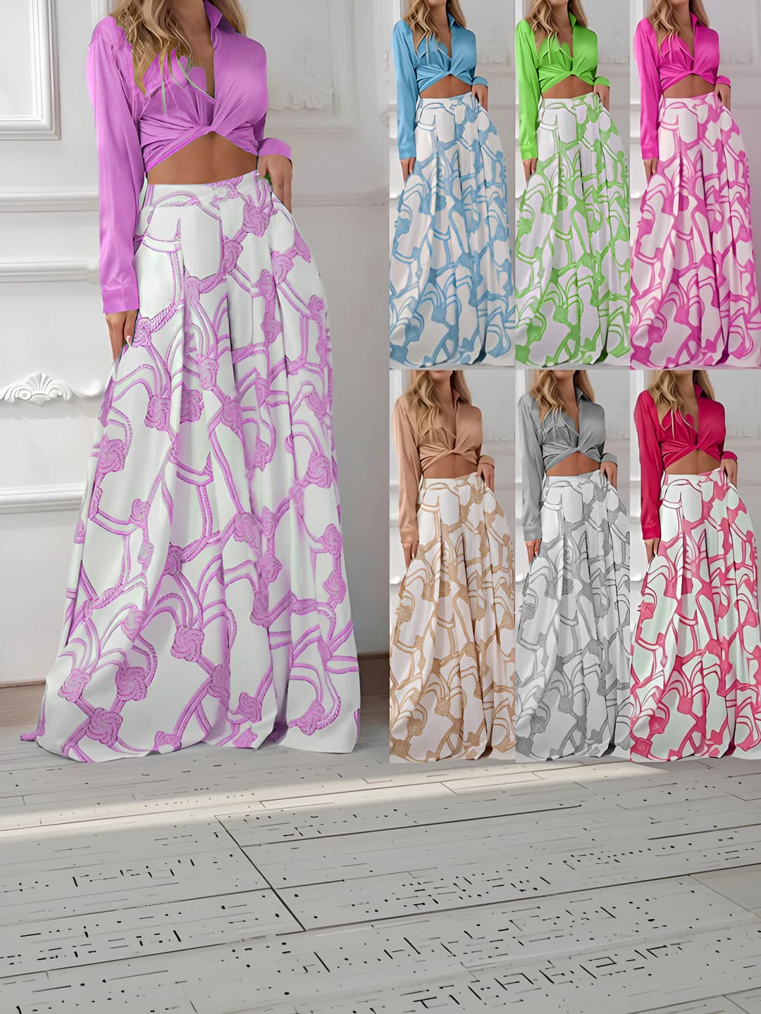 Women's 2026 casual set: printed long sleeve blouse and high waist wide-leg trousers