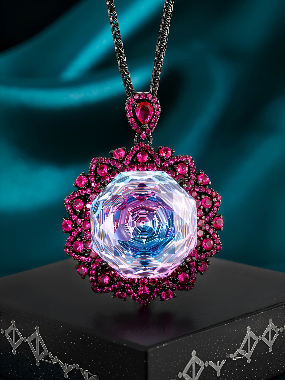 Black gold pink blue diamond pendant with Chopen chain