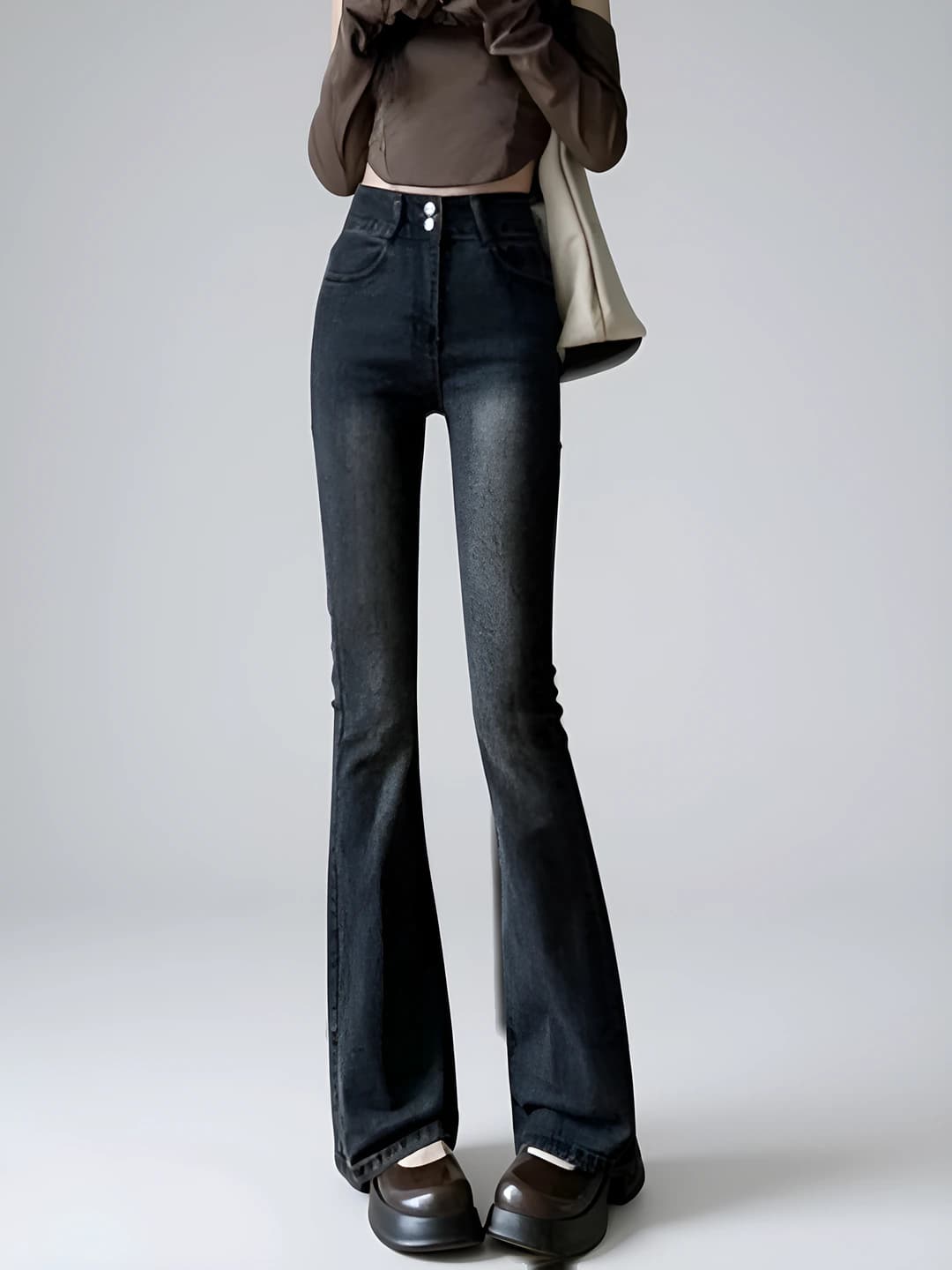 Women's fleece-lined, high waist, stretch, slimming, long, wide and flared jeans