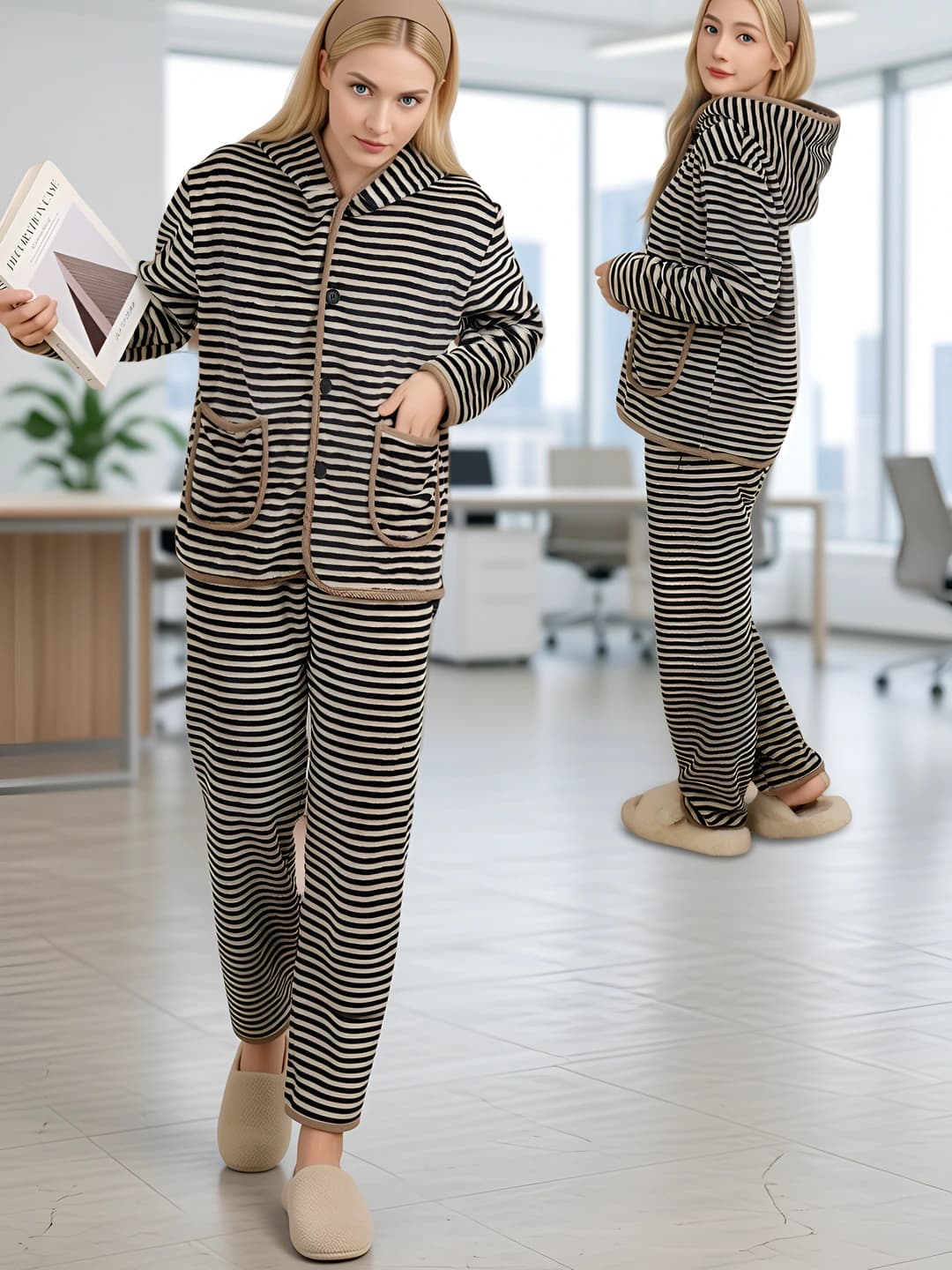 Women's Korean style striped thickened warm pyjamas set for autumn-winter