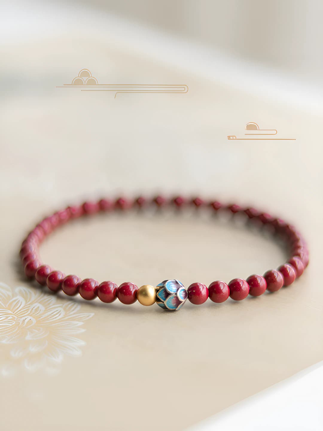 Women's glass and faience bracelet with blue lotus pattern, gold lucky beads, 39 pieces, short chain