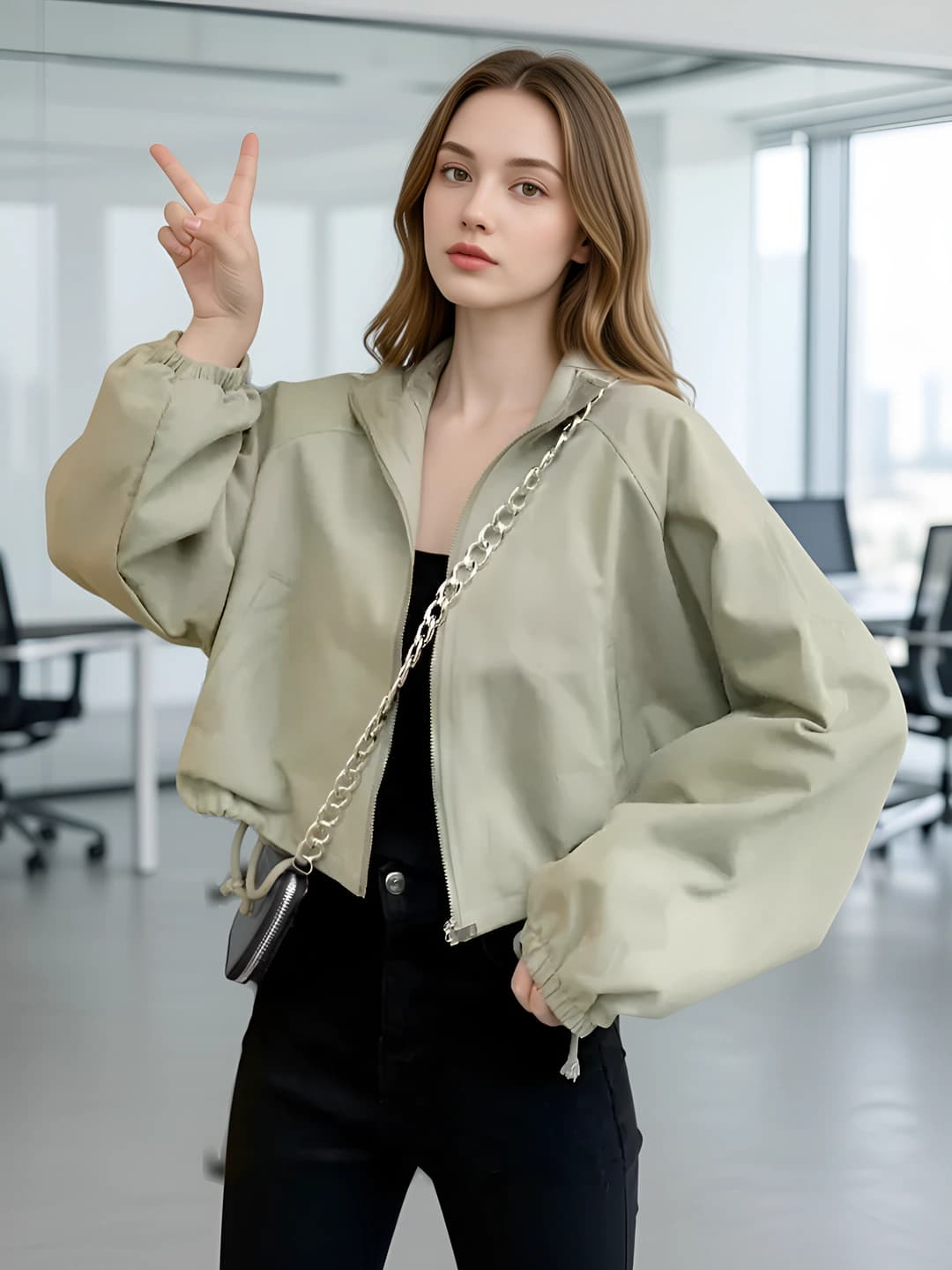 Women's short casual zip-up jacket in Korean style, loose fit, lapel collar, long sleeve, solid colour, 2026