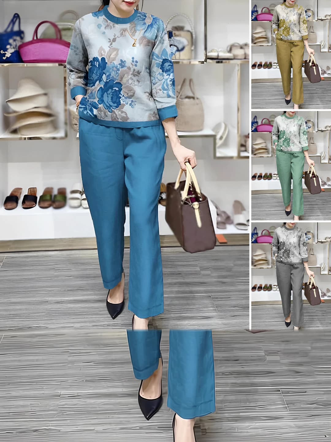 Women's spring-summer printed set, loose fit, plus size, long sleeve, 90%–95% spandex