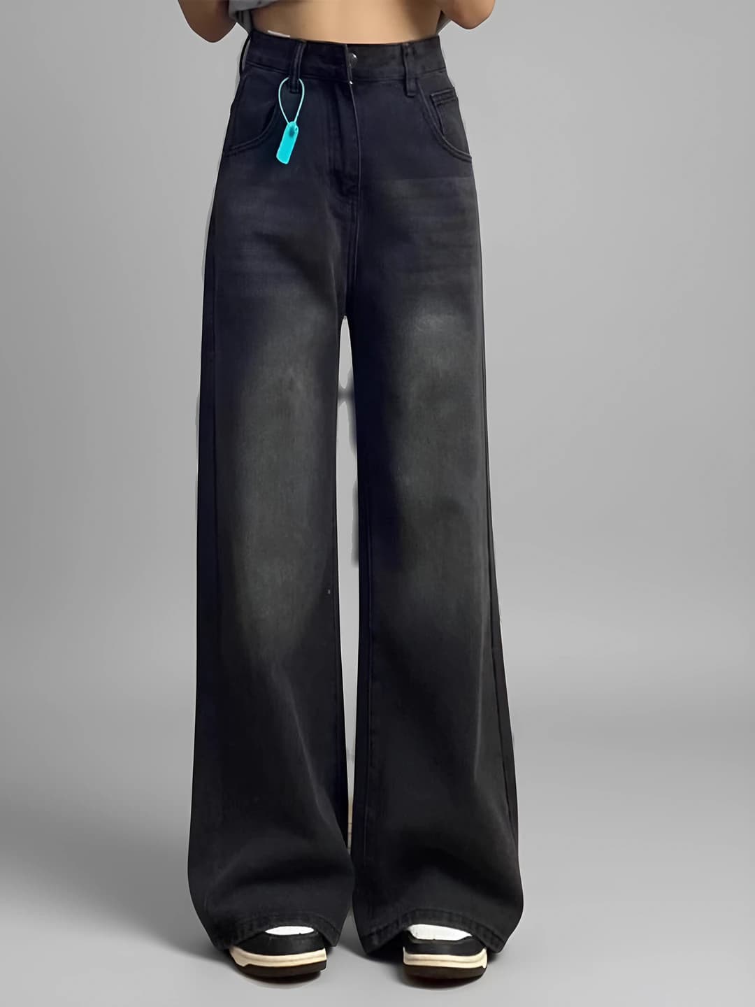 Women's wide and flared jeans: autumn-winter, fleece-lined, plus size, slimming, loose fit straight cut, high waist