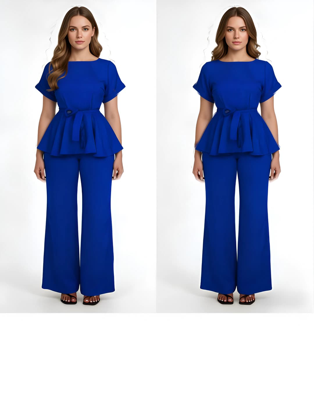 Women's casual two-piece set: sleeveless peplum top and wide-leg trousers, solid colour, all-season