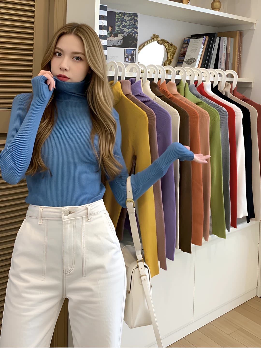 Women's Korean style solid colour high neck long sleeve knit top, autumn-winter 2026