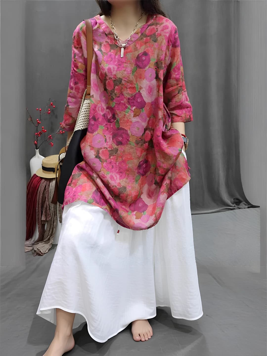 Women's 2026 retro printed V-neck loose fit blouse
