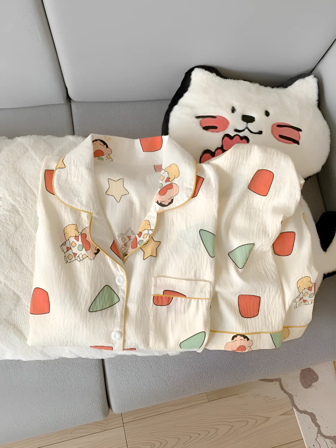 Women's autumn pajama set: cloud cotton, lapel collar, long sleeve cardigan and trousers, thin, cartoon style loungewear
