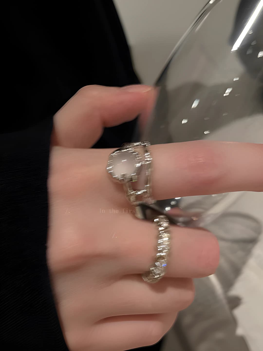 Women's two-piece moonstone ring set, with rhinestones, adjustable ring, unique design, plain band, index finger ring, French discipline ring