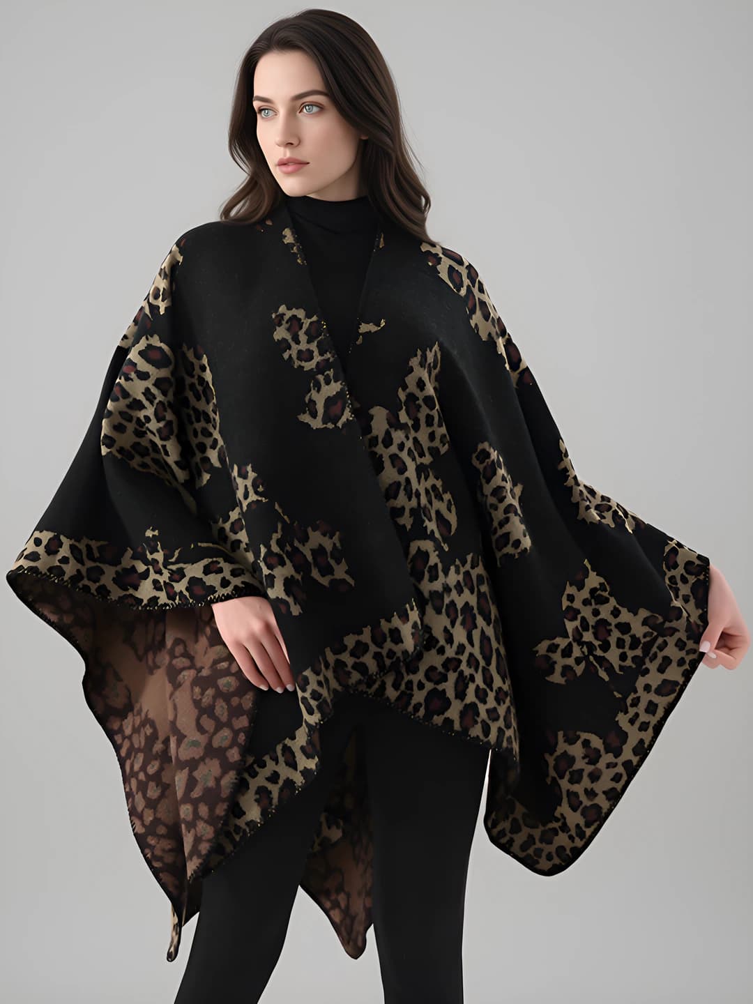 Women's retro warm faux cashmere scarf with leopard pattern autumn-winter