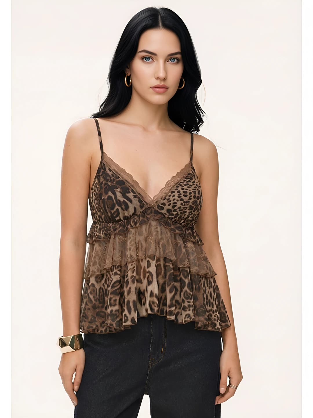 Women's lace strap top, V-neck, sleeveless, cropped, leopard print, casual style