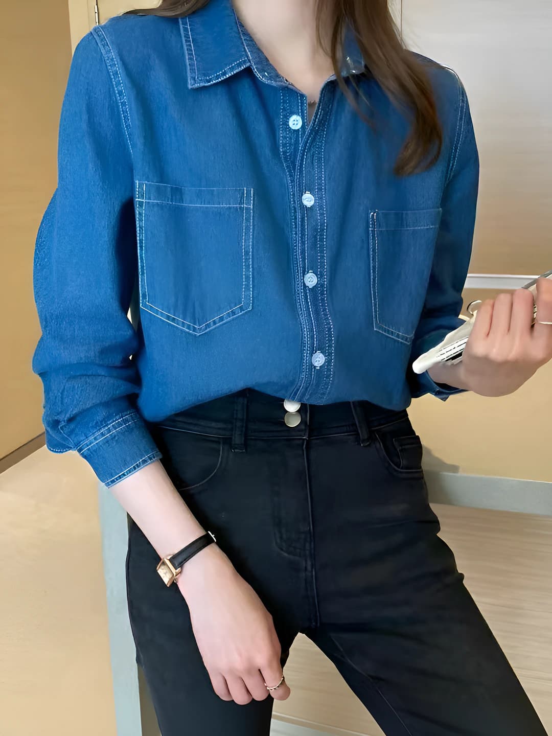 Women's blue denim shirt, 2026 spring-autumn, long sleeve, mid-length, loose fit, slim fit, solid colour, designer, outerwear
