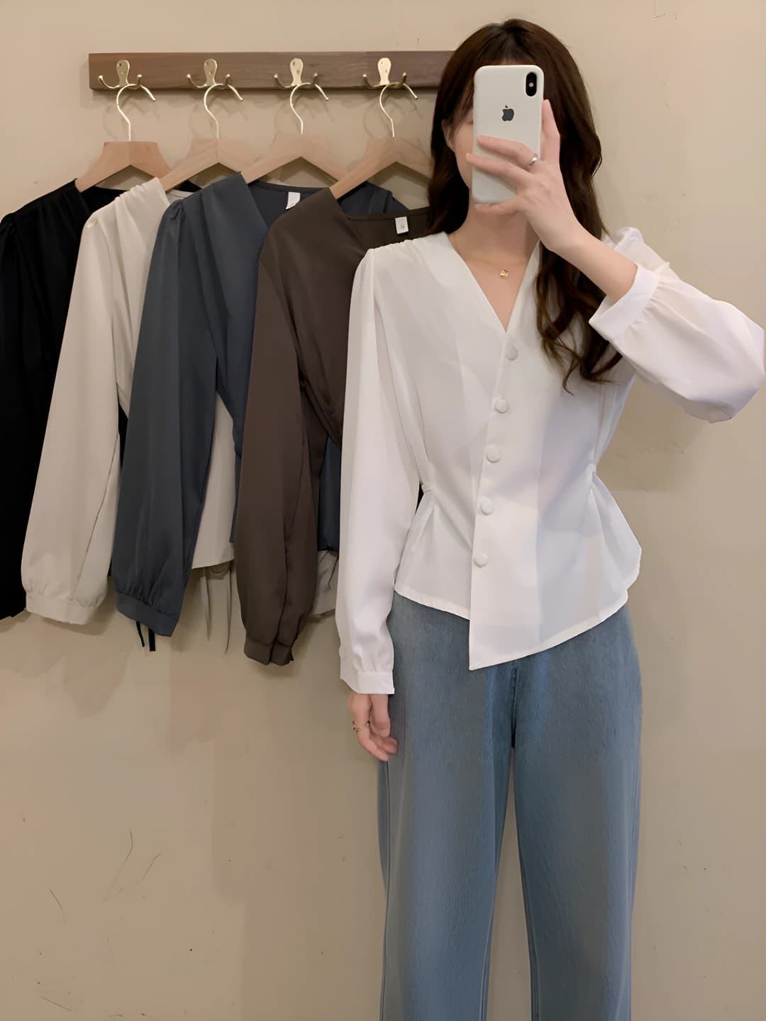 Women's 2026 spring-autumn Korean style V-neck long sleeve slim fit blouse