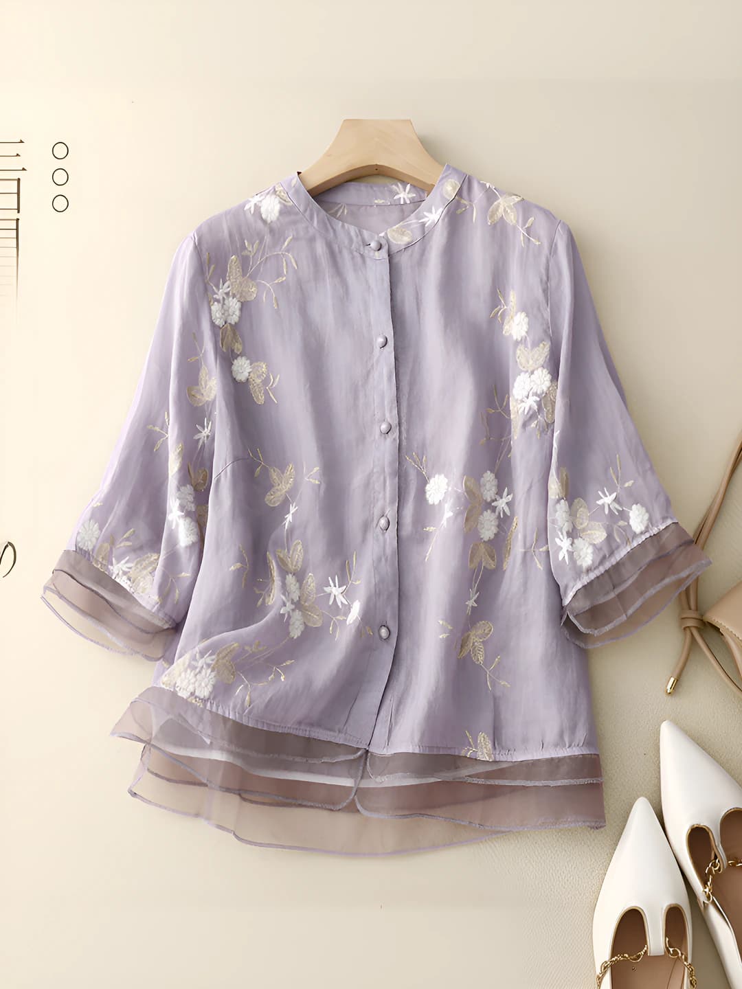 Women's 2026 summer retro embroidered organza-spliced blouse, loose fit