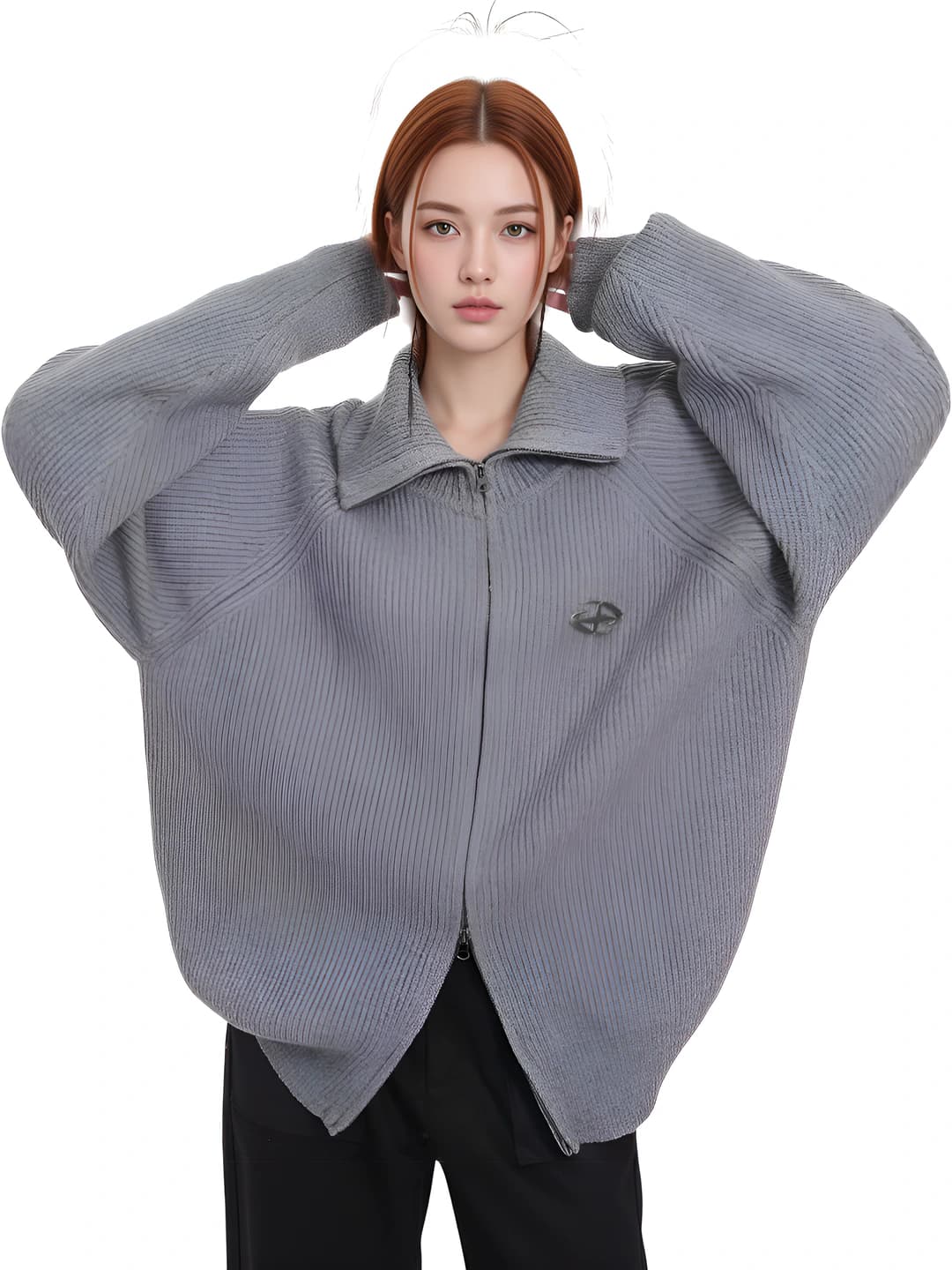 Women's gray knit cardigan with lapel collar and double zip, long sleeve, casual style, autumn-winter and spring-autumn