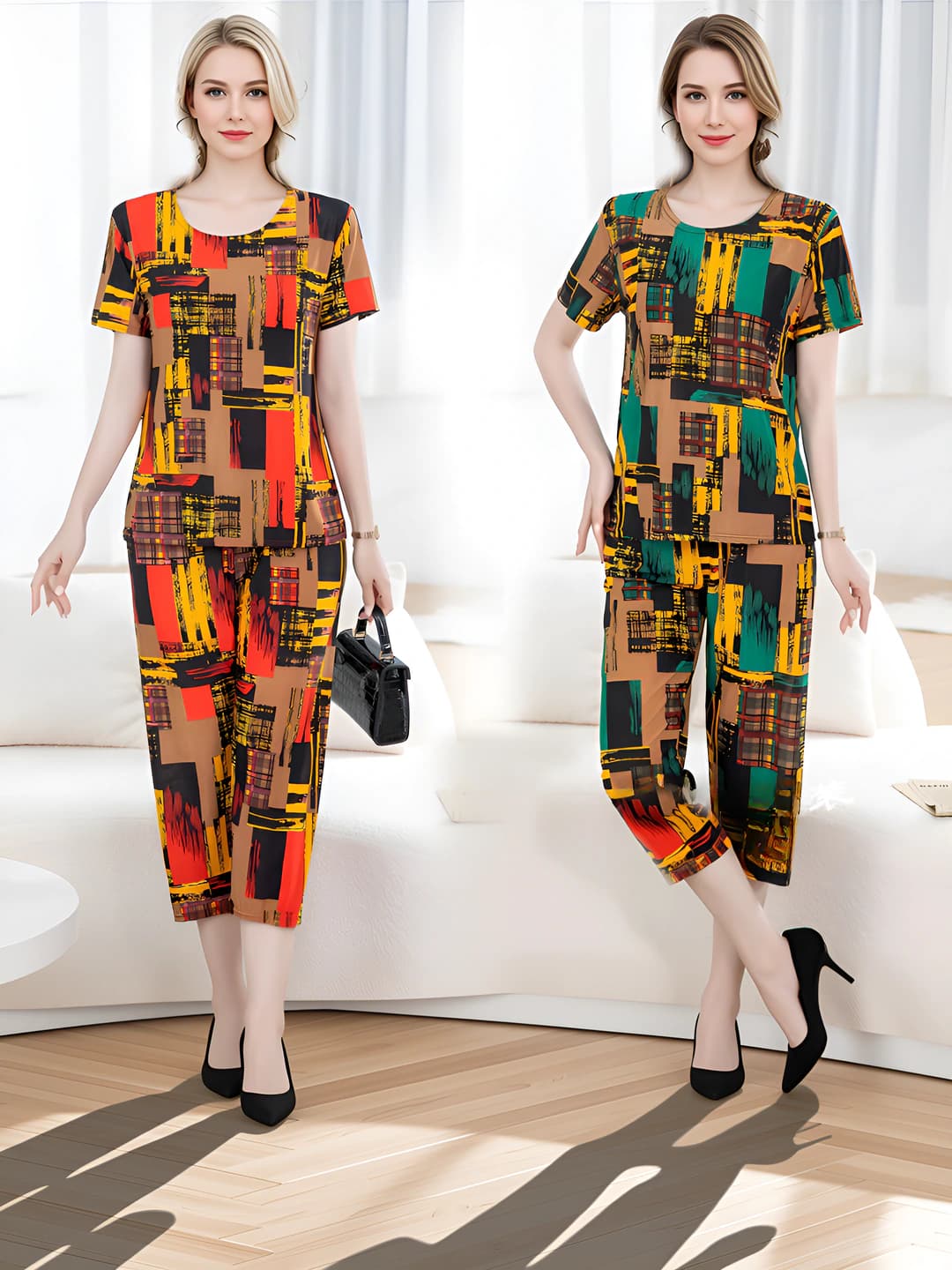 Women's spring clothing set: ice-silk fabric, plus size, loose fit, stretch short sleeve top and capri trousers