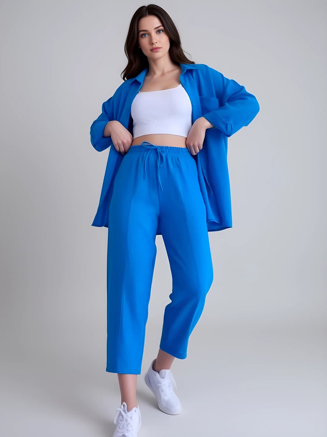 Women's spring retro plus size loose fit long sleeve blouse and trousers set, high waist, solid colour
