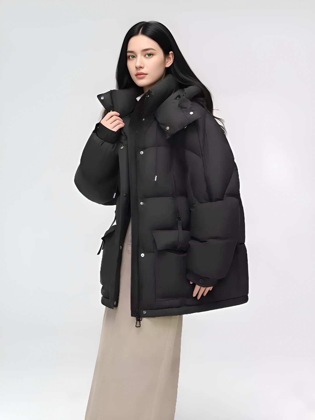 Women's winter cropped thickened padded jacket with down-alternative fill in Korean style, mid-length, long sleeve, zip, color-block