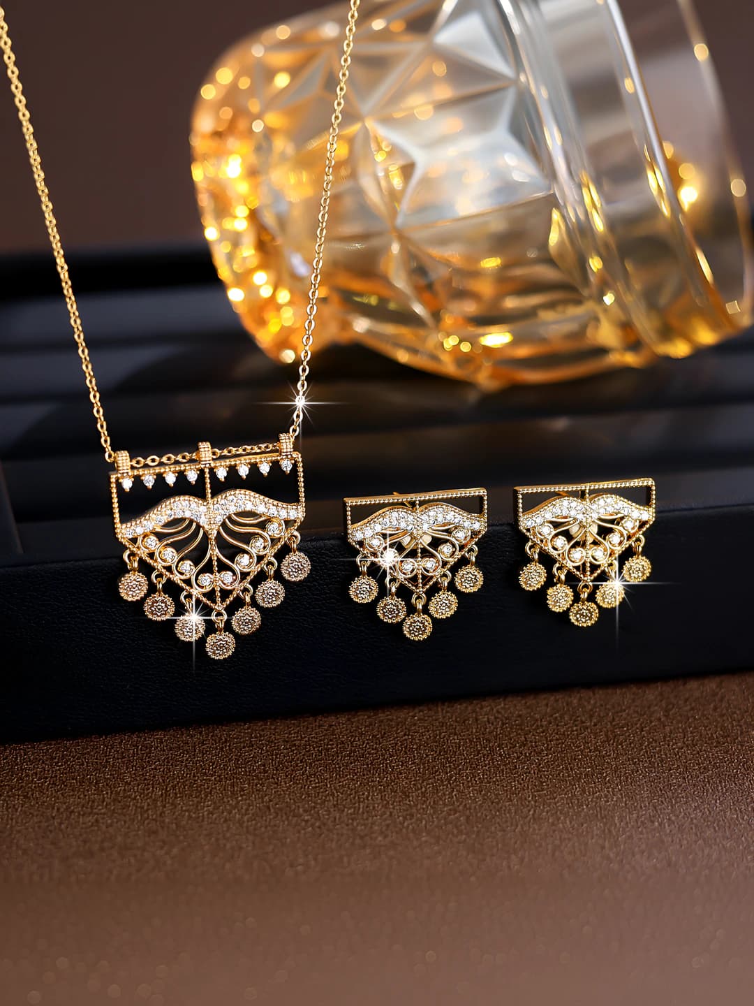 Women's zircon set: earrings and chain, star, moon, sun, cloud, and universe patterns, teardrop stones, exaggerated style