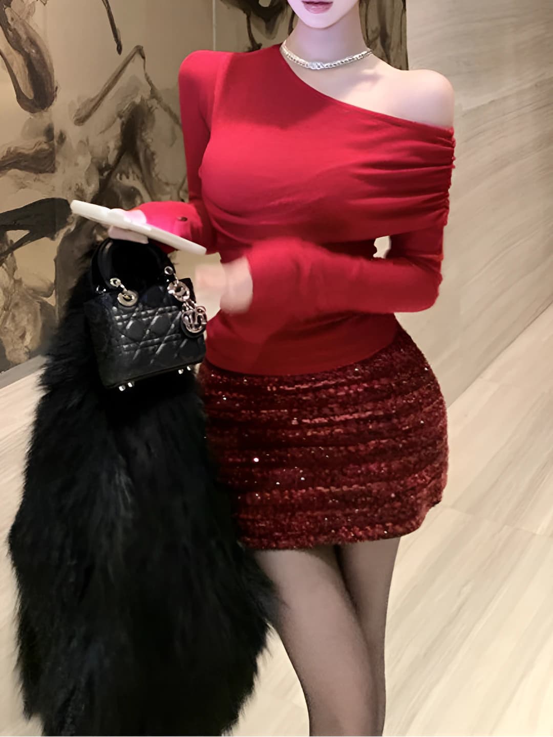 Women's retro red off-shoulder long-sleeve top, spring-autumn, solid colour, slim fit, slimming, cropped, with pleats