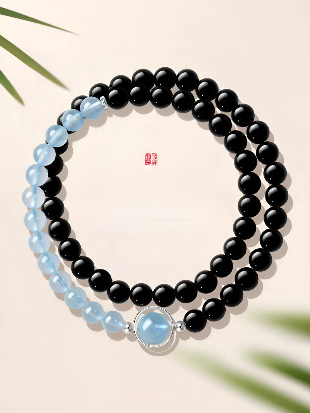 6mm obsidian & aquamarine