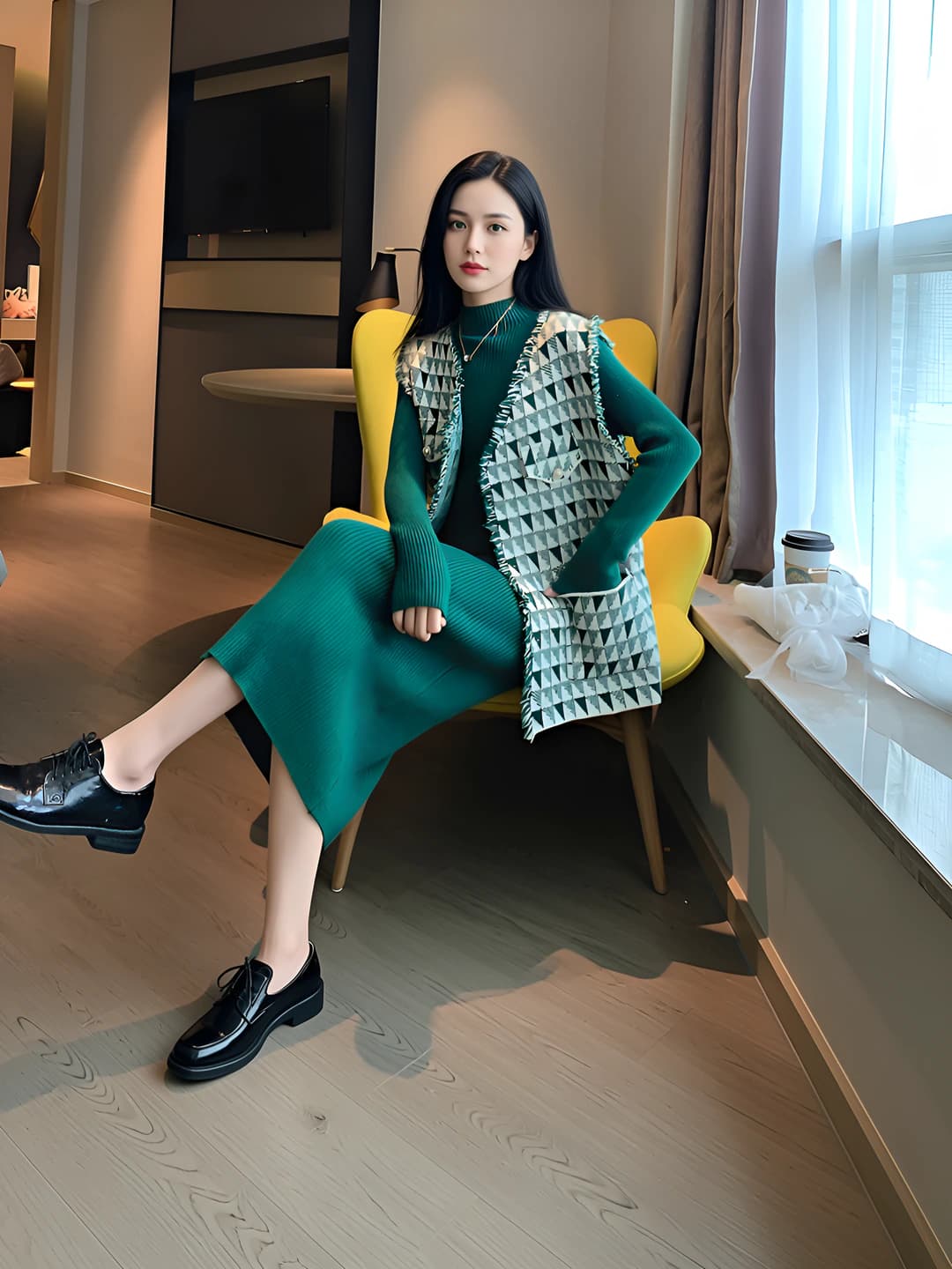 Women's Korean style patterned sweater and vest set, long sleeve, spring-autumn