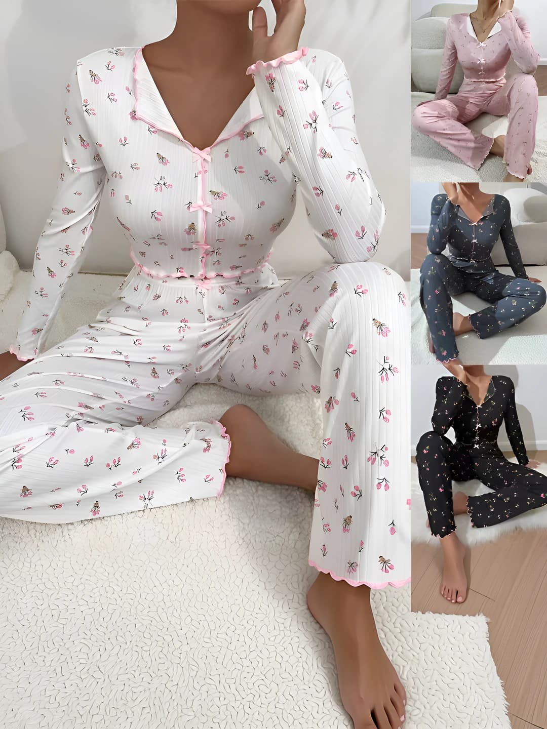 Women's pajama set: long sleeve top and trousers, lapel collar, style: bodysuit