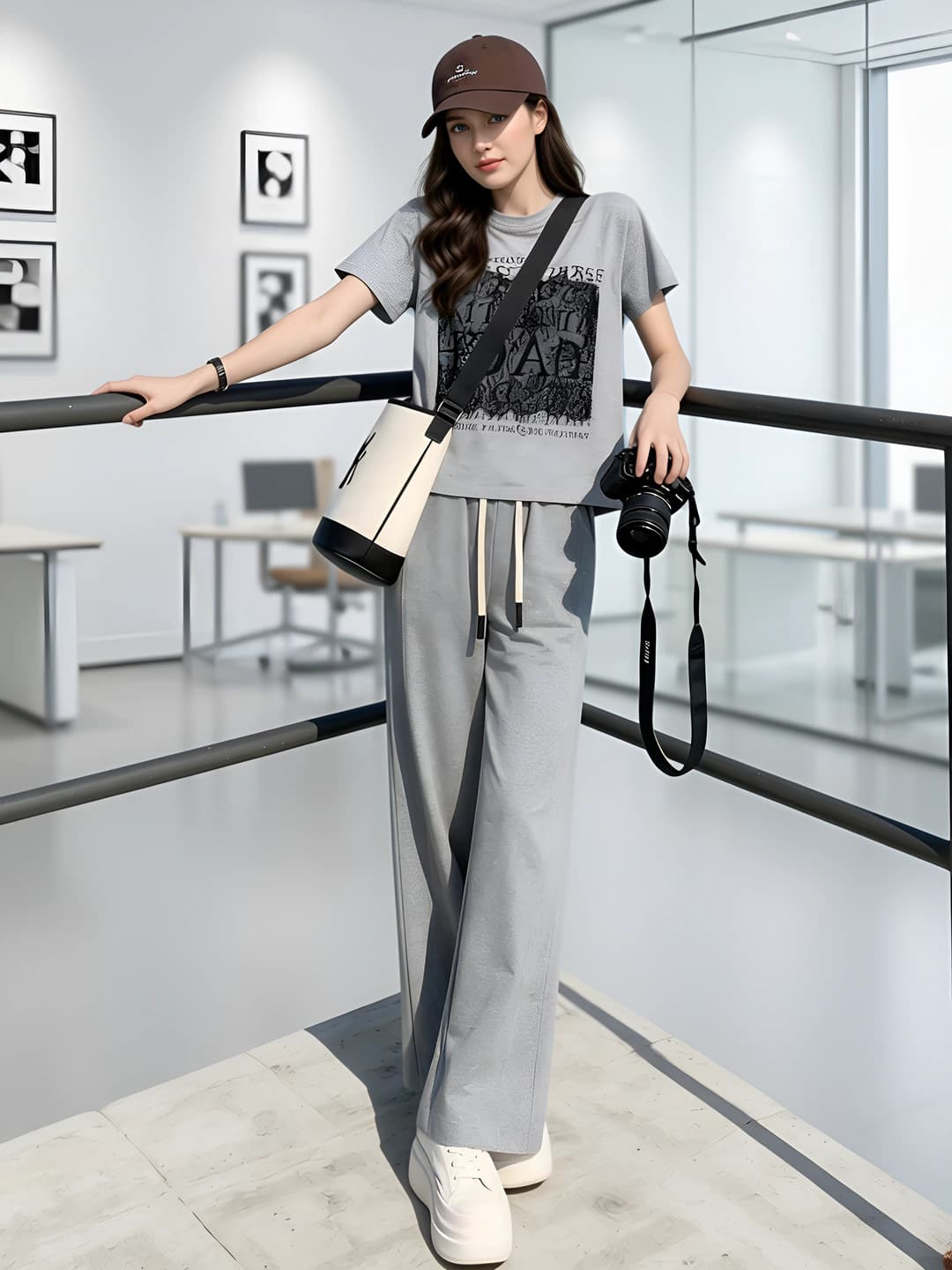 Women's casual two-piece clothing set: short sleeve and wide-leg trousers, slimming, all-season
