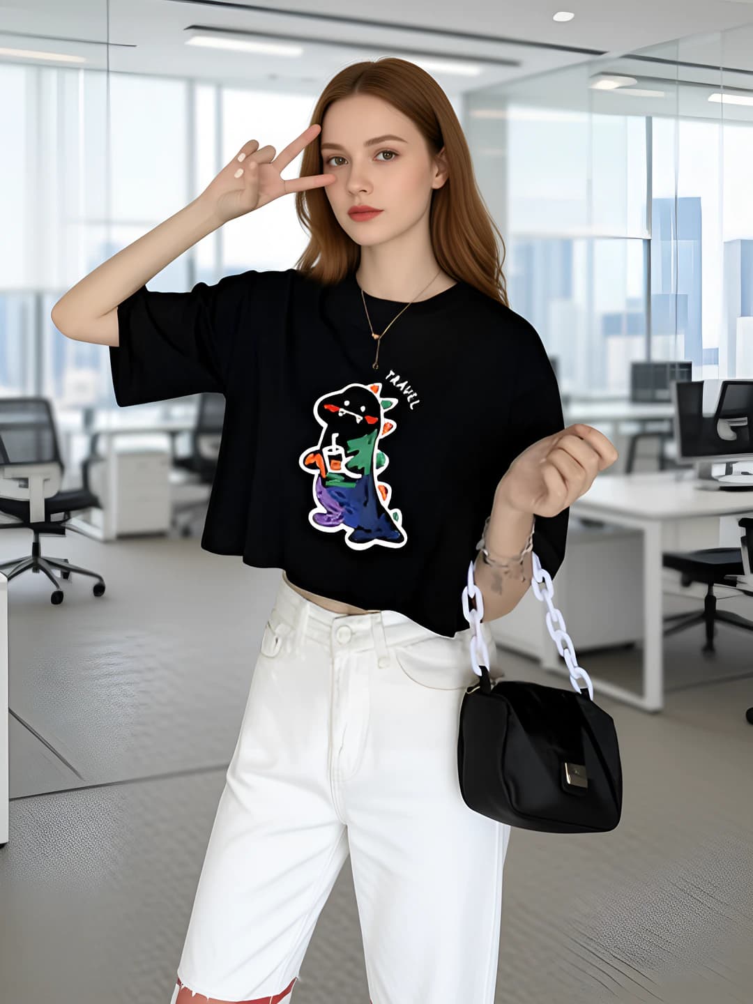 Women's short sleeve t-shirt in Korean style, summer 2026, printed, crew neck, loose fit, mid-length, for petite