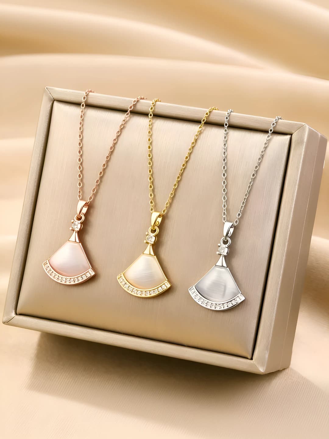 Women's titanium steel necklace with white mother-of-pearl fan pendant, design element: skirt, style: individual