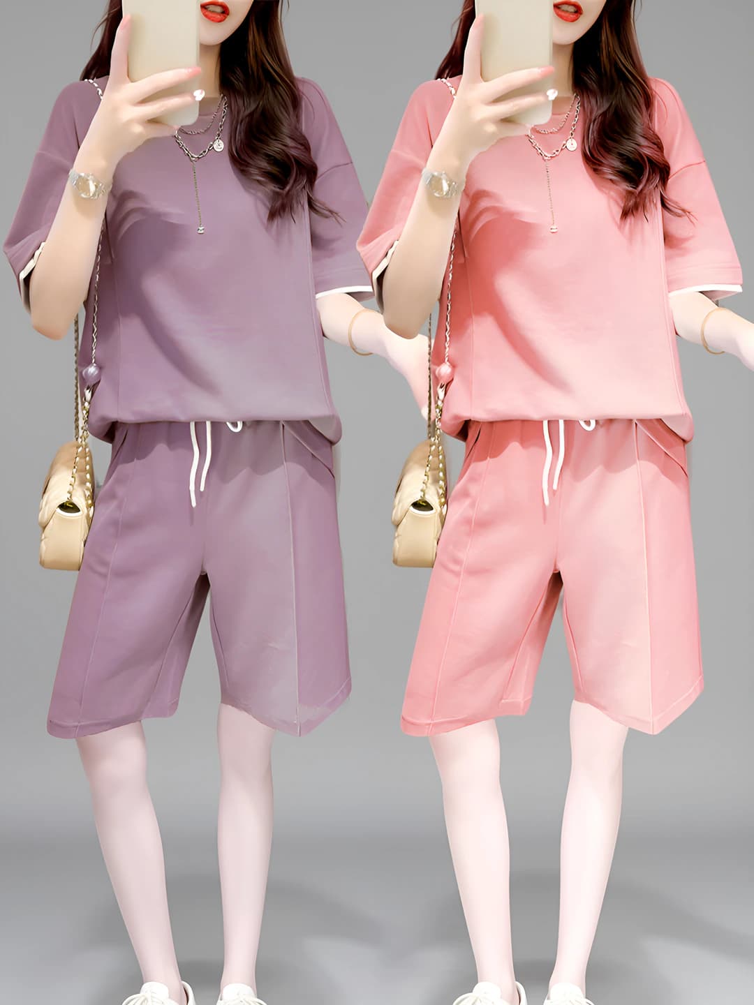 Women's summer plus size loose fit t-shirt and knee-length shorts set
