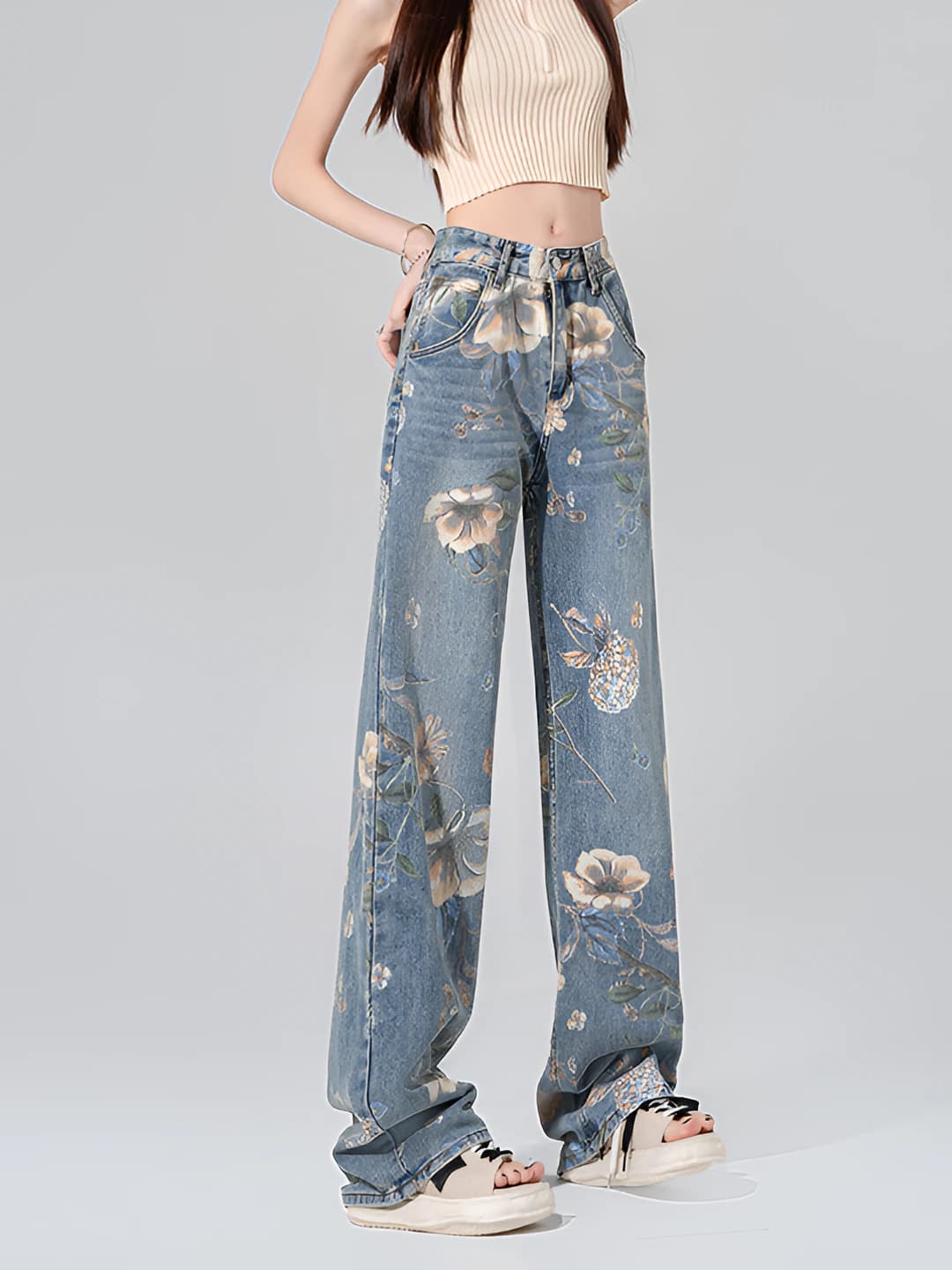 Women's retro printed wide and flared jeans, spring-summer, high waist, straight cut, loose fit, stretch