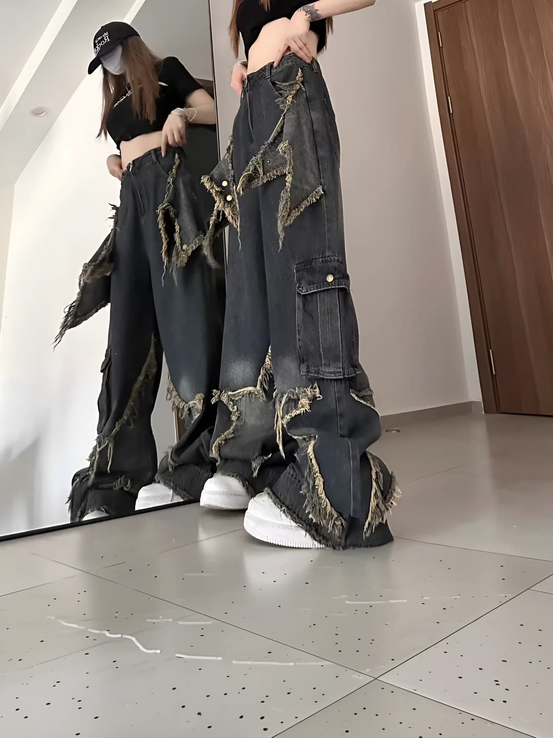 Ayollar uchun retro uslubdagi bo'sh (oversize) keng va klesh jinsi shimlar, bahor, baland bel, to'g'ri kesim, nozik ko'rsatadigan, uzun shim, dazmol talab qilmaydi