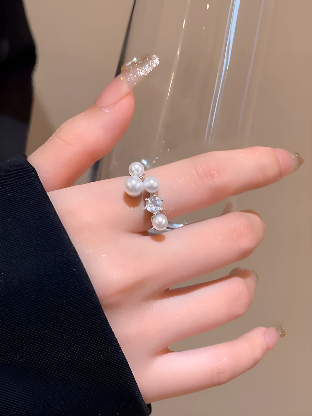 Women's open ring with pearl and zircon, French style, 2026