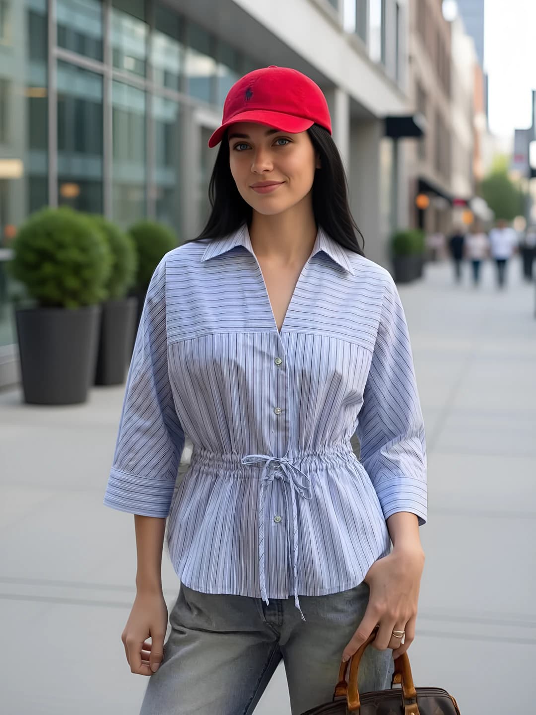Women's spring striped blouse, long sleeve, polyester