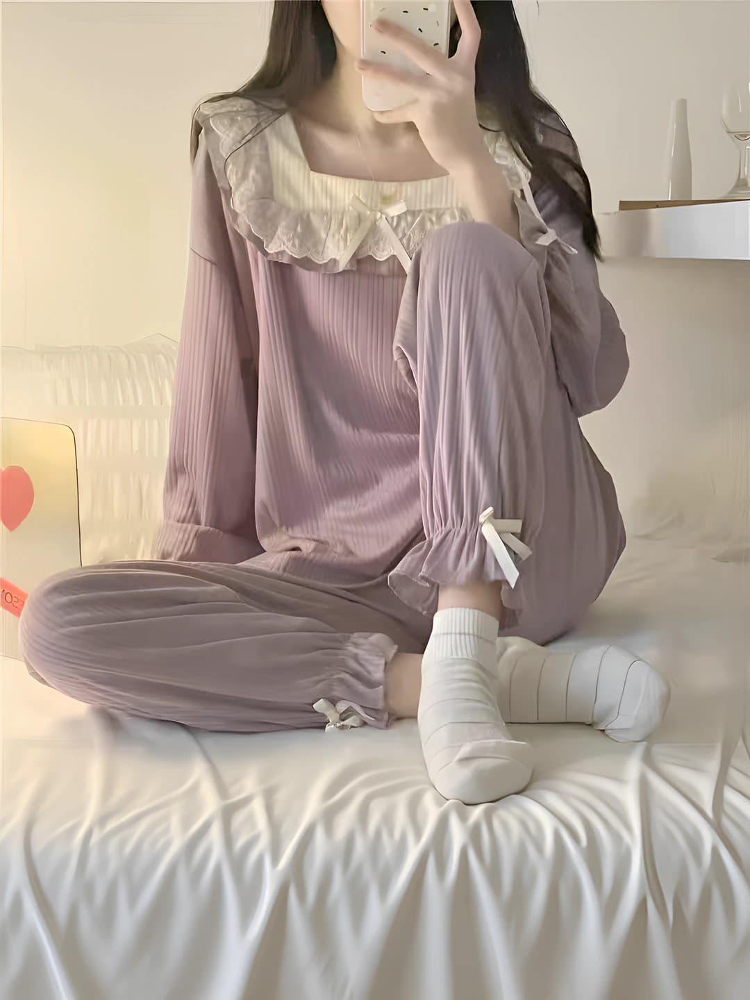 Ayollar uchun pijama to'plami: uzun yengli kardigan va uzun shim, yupqa, to'rt mavsum, fransuz uslubida