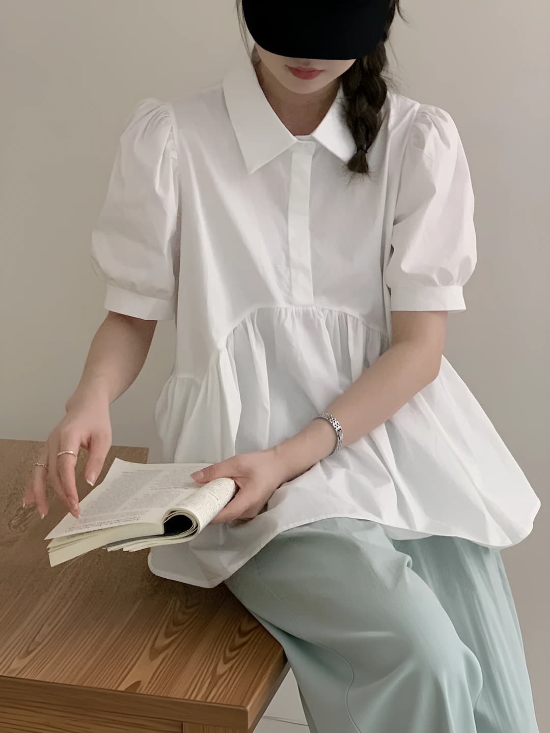 Women's summer blouse, lapel collar, short sleeve, slim fit, solid colour, retro, cropped