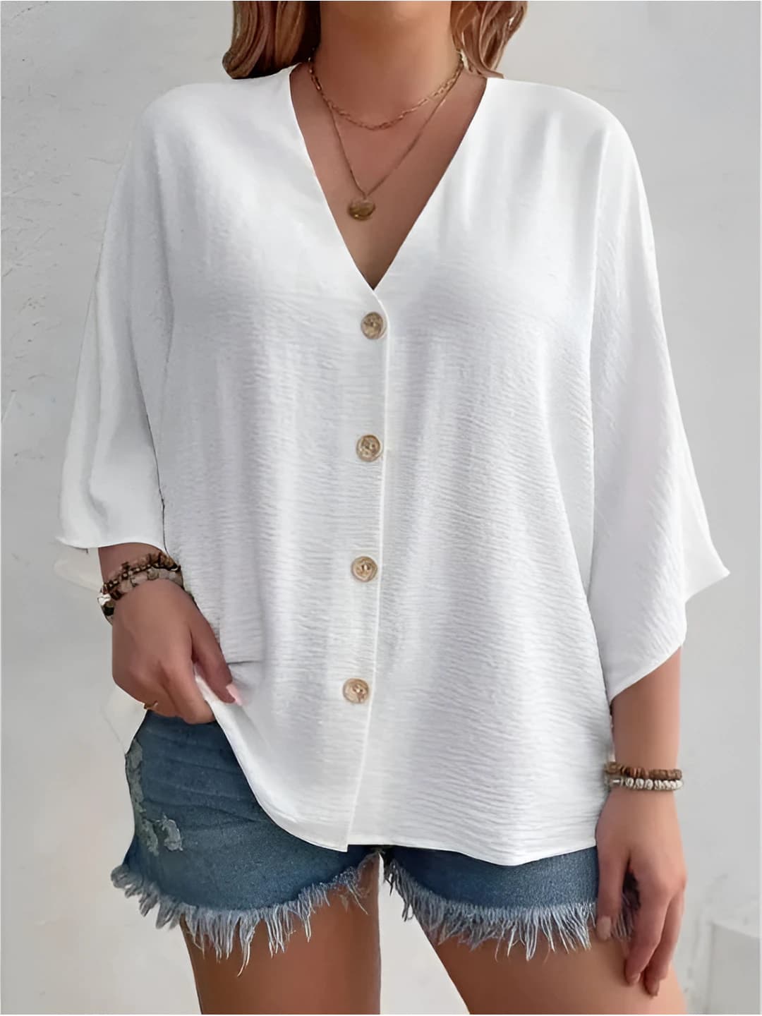 Women's solid colour plus size loose fit V-neck cardigan top, casual, all-season, elbow-length sleeve