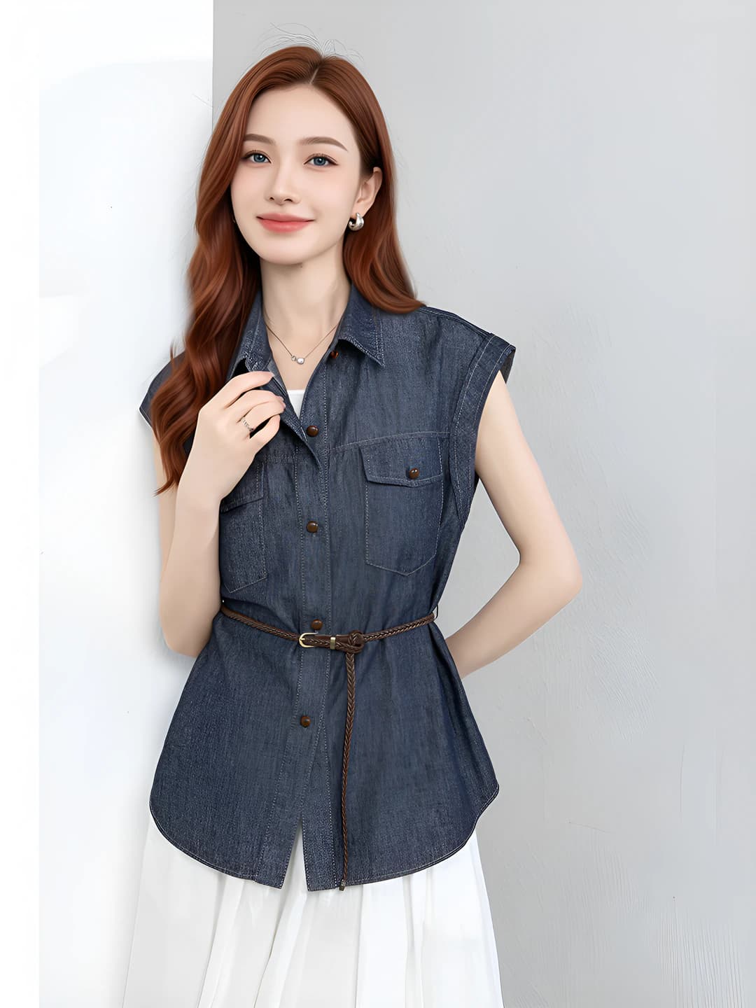 Ayollar uchun yengsiz denim ko'ylak-shirt, qaytarma yoqa, to'g'ri kesim, bir rangli, yozgi