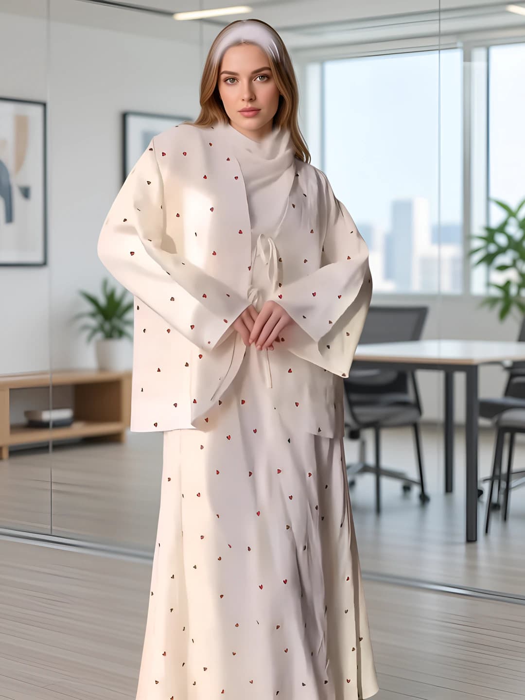 Ayollar uchun kiyim to'plami: oq rangdagi bosma naqshli bo'sh (oversize) uzun yengli bluzka va keng shim