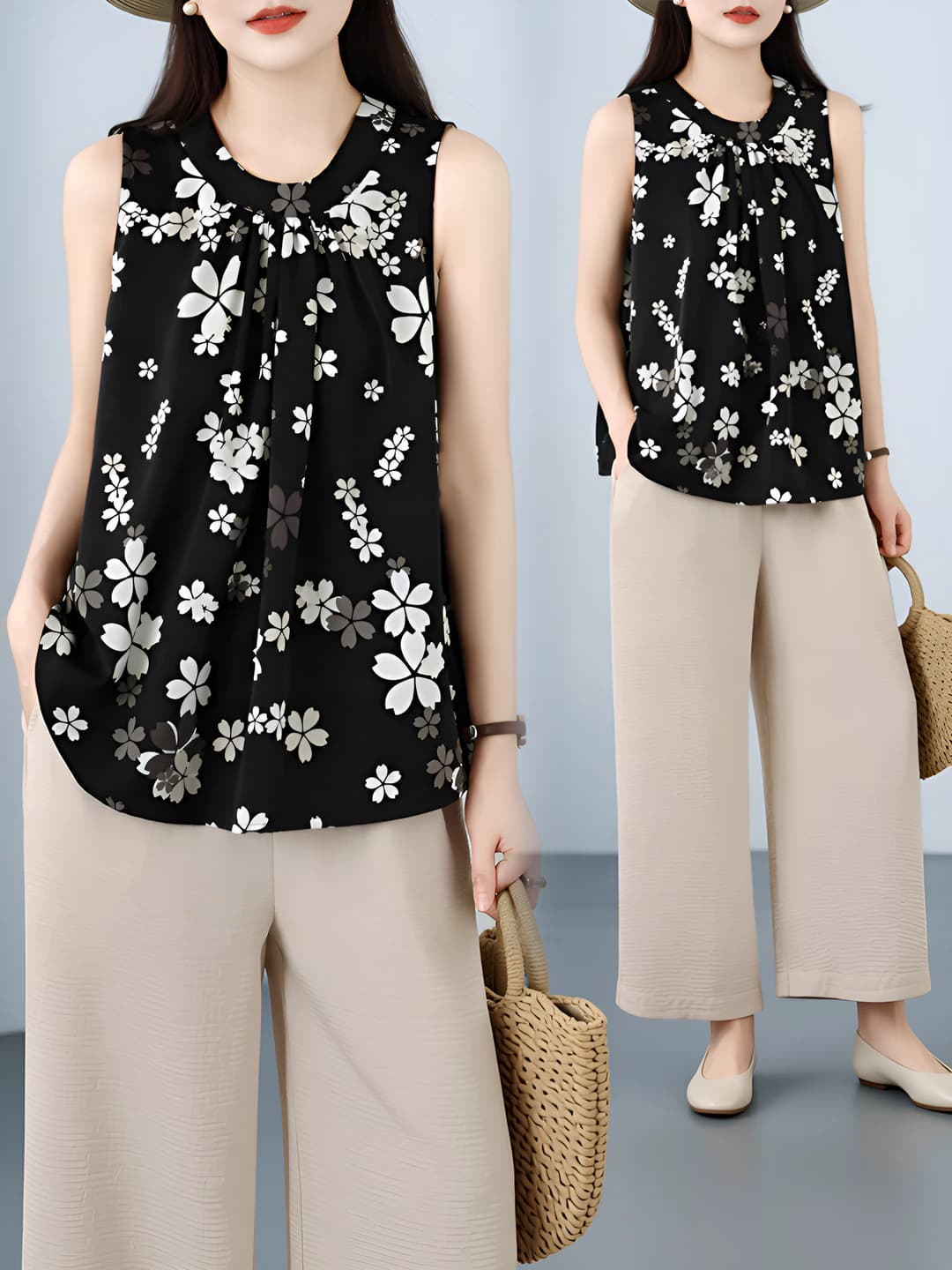 Women's sleeveless chiffon blouse with print, loose fit, summer 2026