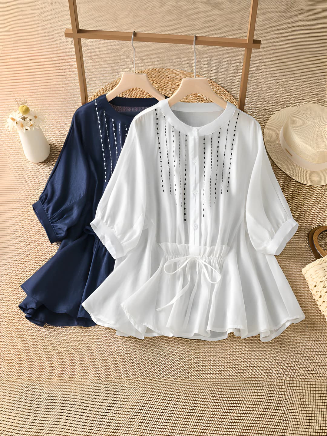 Ayollar uchun yozgi bo'sh (oversize) dumaloq yoqali yarim yengli bir rangli bluzka