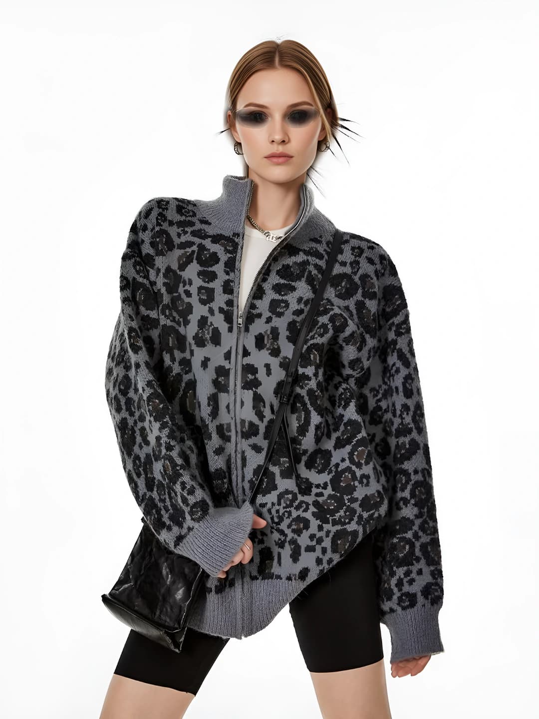 Ayollar uchun retro uslubdagi leopard naqshli trikotaj kardigan, kuz-qish mavsumi, bo'sh (oversize) kesim, tik yoqa, uzun yeng, fermuarli