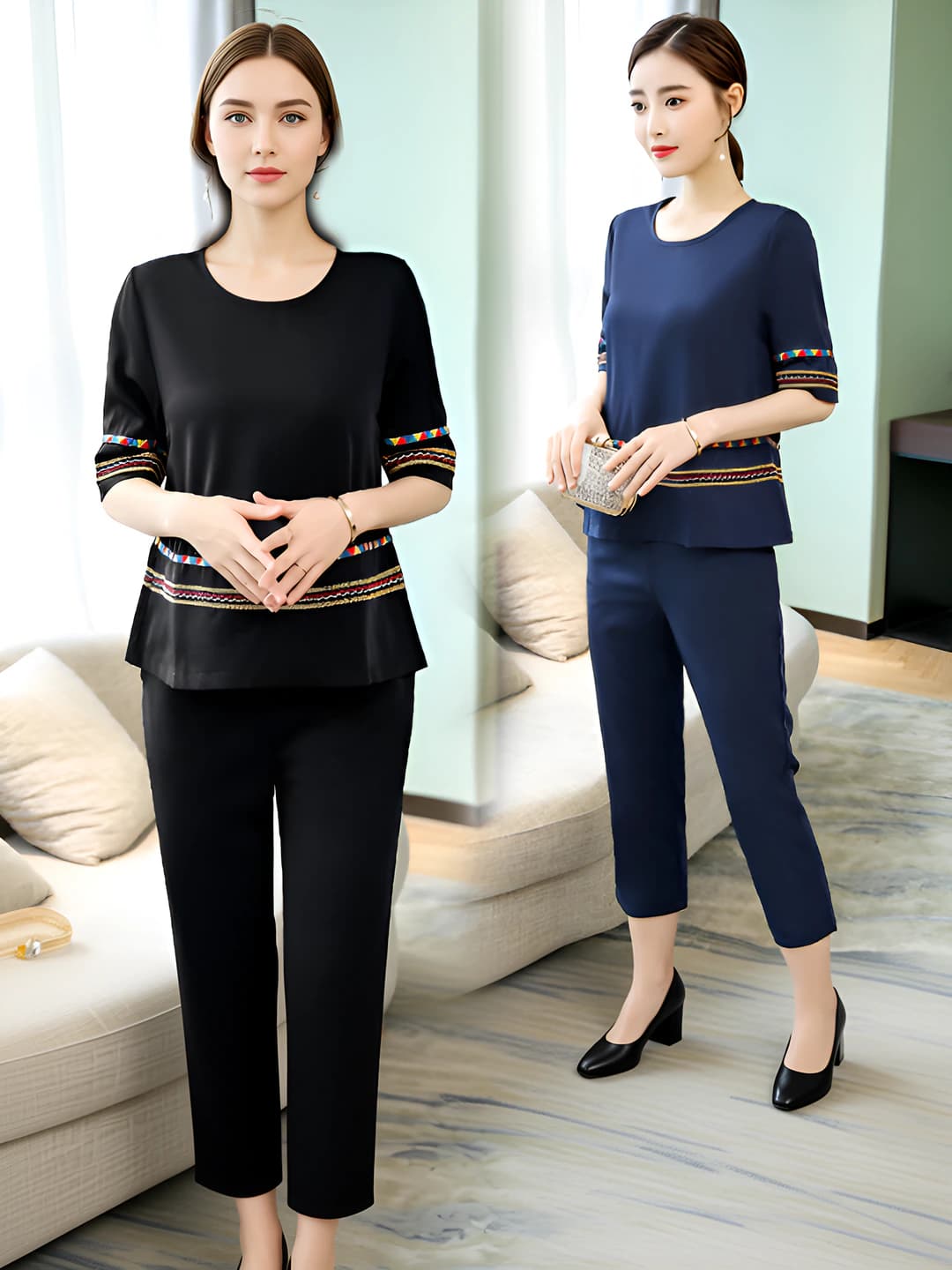 Women's retro plus size casual two-piece set: short sleeve t-shirt and capri trousers