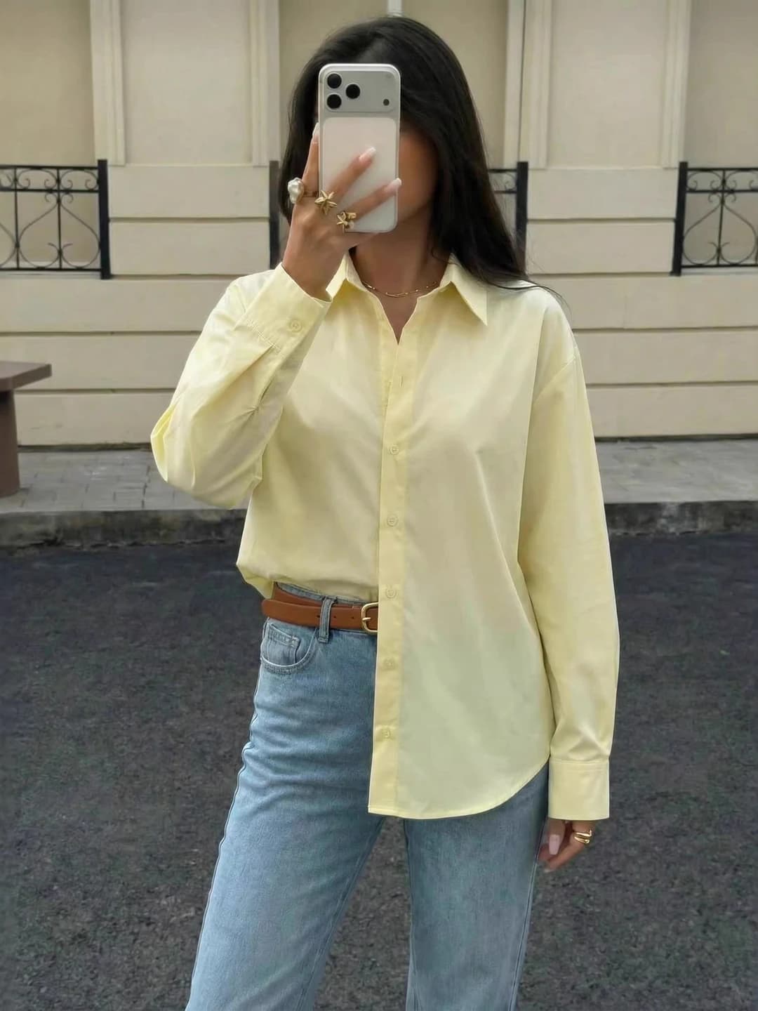 Women's BR&ZA 2026 spring shirt, long sleeve, lapel collar, solid colour, loose fit, polyester