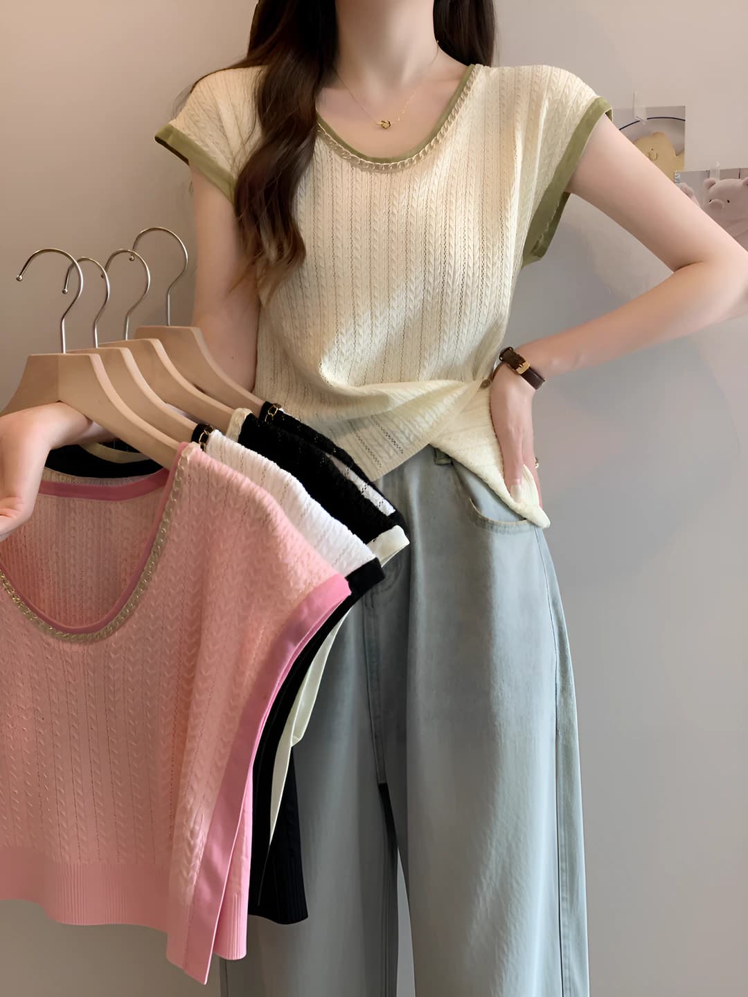 Women's summer knit top, ice-silk fabric, V-neck, cropped, ultra-thin, short sleeve, high waist, retro style