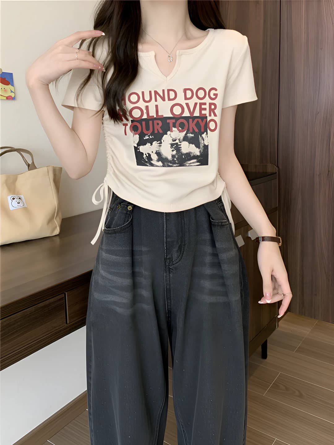 Women's 2026 Korean style slim fit slimming belly-covering cropped printed V-neck short sleeve t-shirt